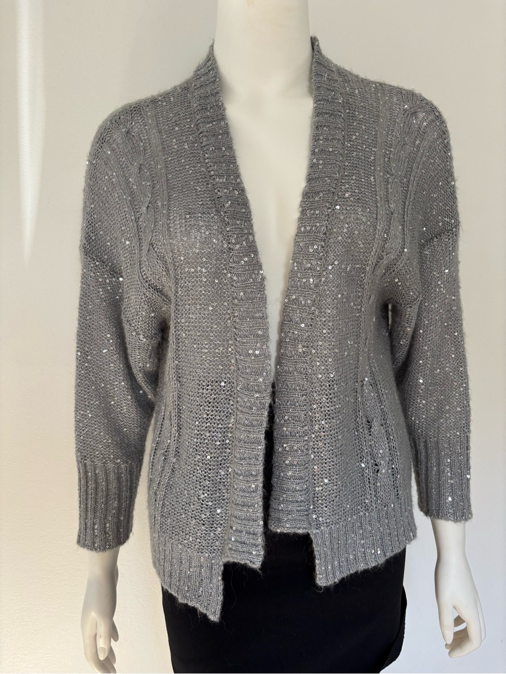 Fever Silver Gray Sequin Open-Front Cardigan